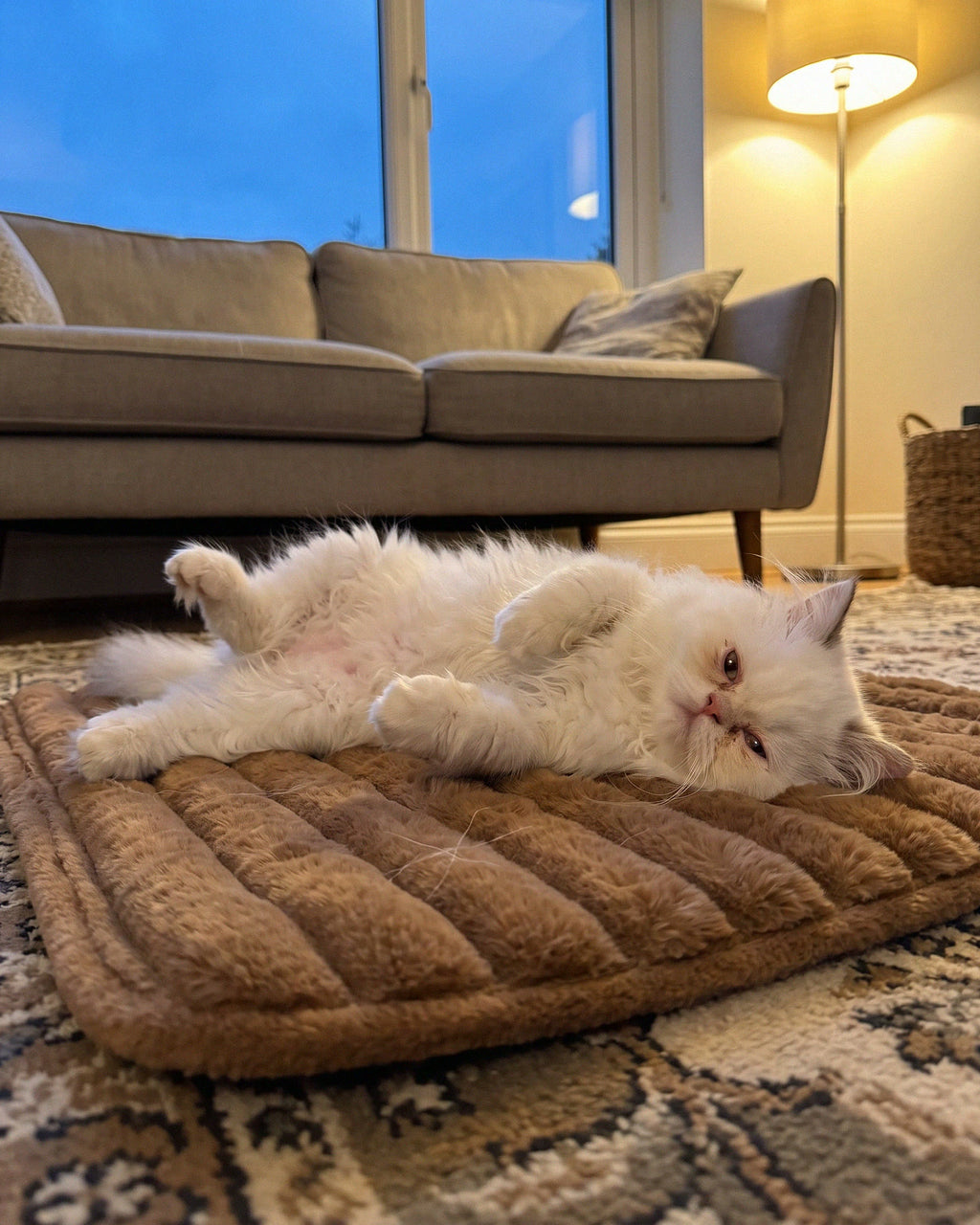 White kitten lying belly-up on the brown corduroy pet mat