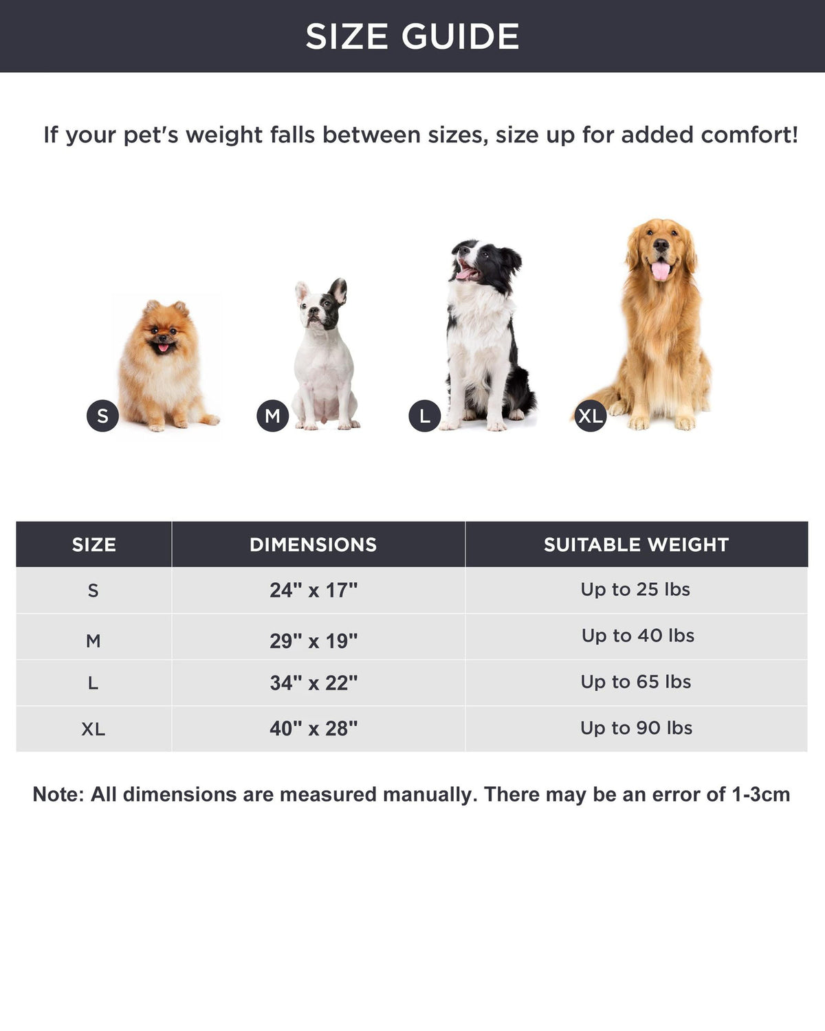 Size guide: S 24 x 17 in up to 25 lb, M 29 x 19 in up to 40 lb, L 34 x 22 in up to 65 lb, XL 40 x 28 in up to 90 lb